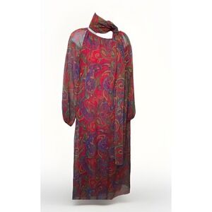 Vintage Hostess Dress Caftan Paisley Sheer Overlay and‎ Liner Matching Scarf